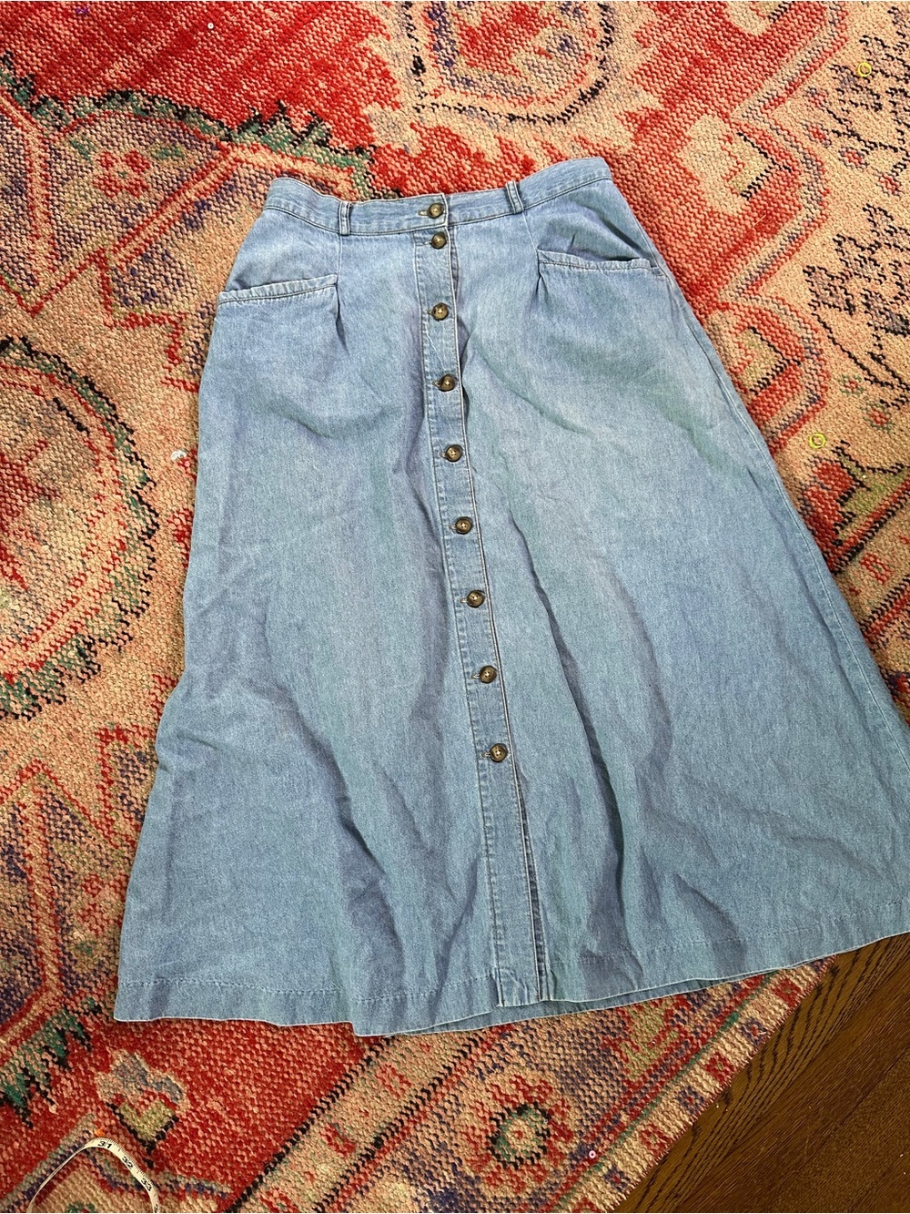Vintage Blue Denim Button-Front Midi Skirt